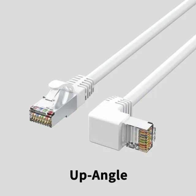 Right-angled Cat6 Ethernet cable with metal connector in various colours including black, red, and yellow.