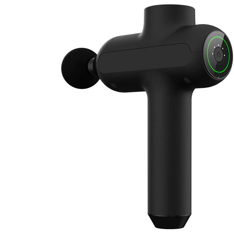 Deep tissue massage gun with six interchangeable heads showing compact 25x20x6cm design