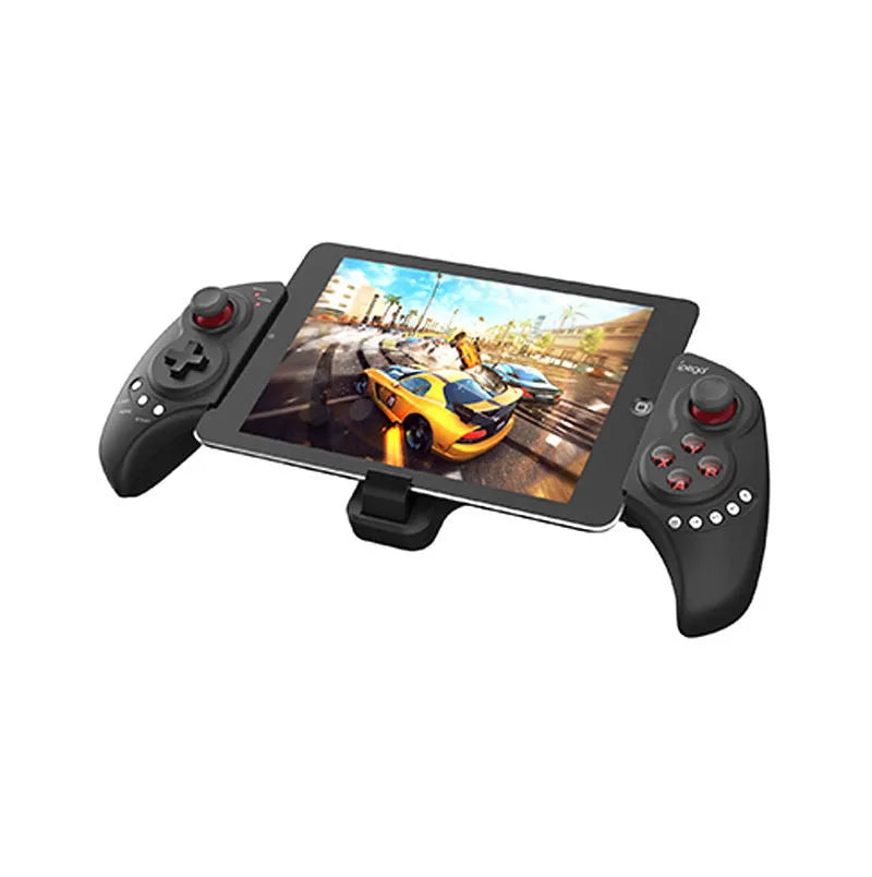 PG-9023 wireless telescopic game controller with phone attached showing adjustable clip and gamepad layout