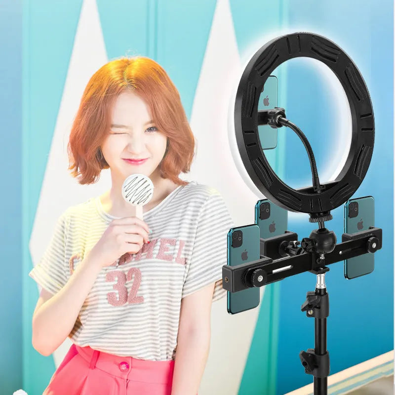 10-inch ring selfie light on 19cm adjustable metal stand with smartphone attached