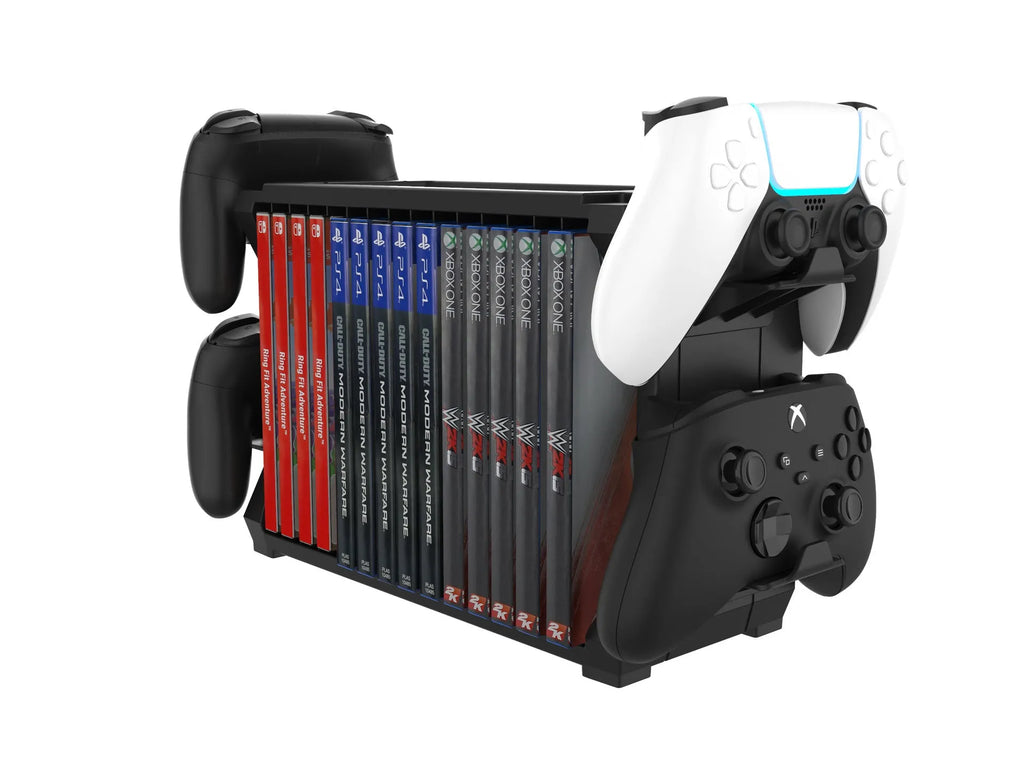 Black PS5 disc holder and controller stand for Xbox Series X, PS4 and Nintendo Switch game storage