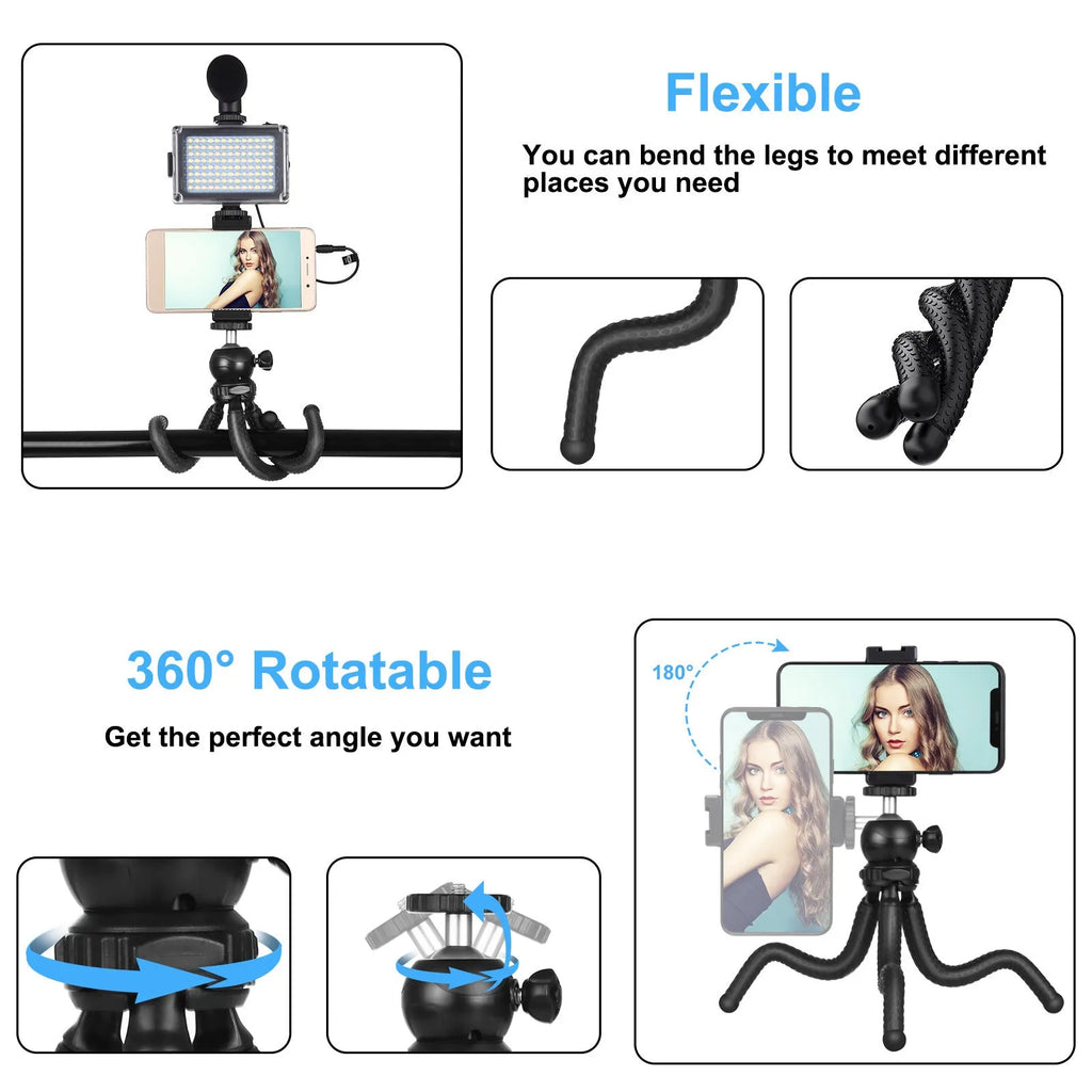 Black Octopus Yripod flexible desk tripod with fill light microphone wrapped around a chair back
