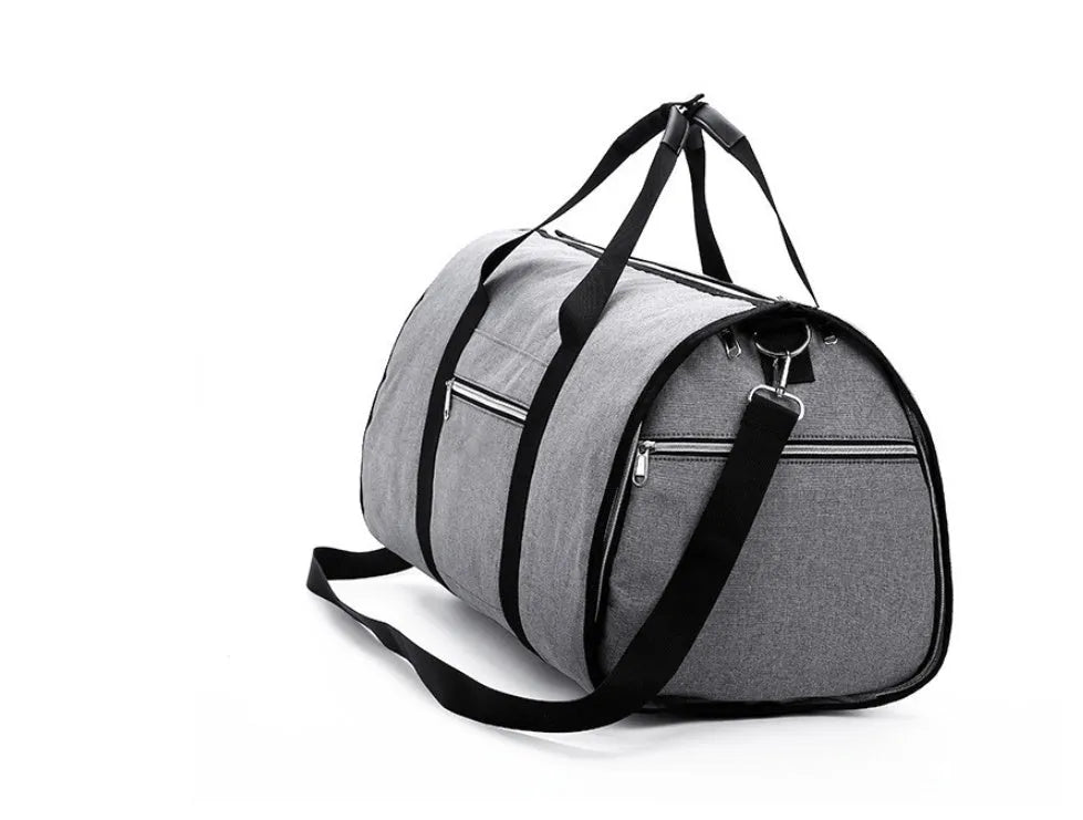 Medium sized cylindrical duffle travel bag in black, shown with zipper open, made from Oxford cloth.