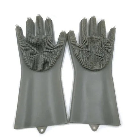 Silicone cleaning gloves with textured scrubbing surface in assorted colours