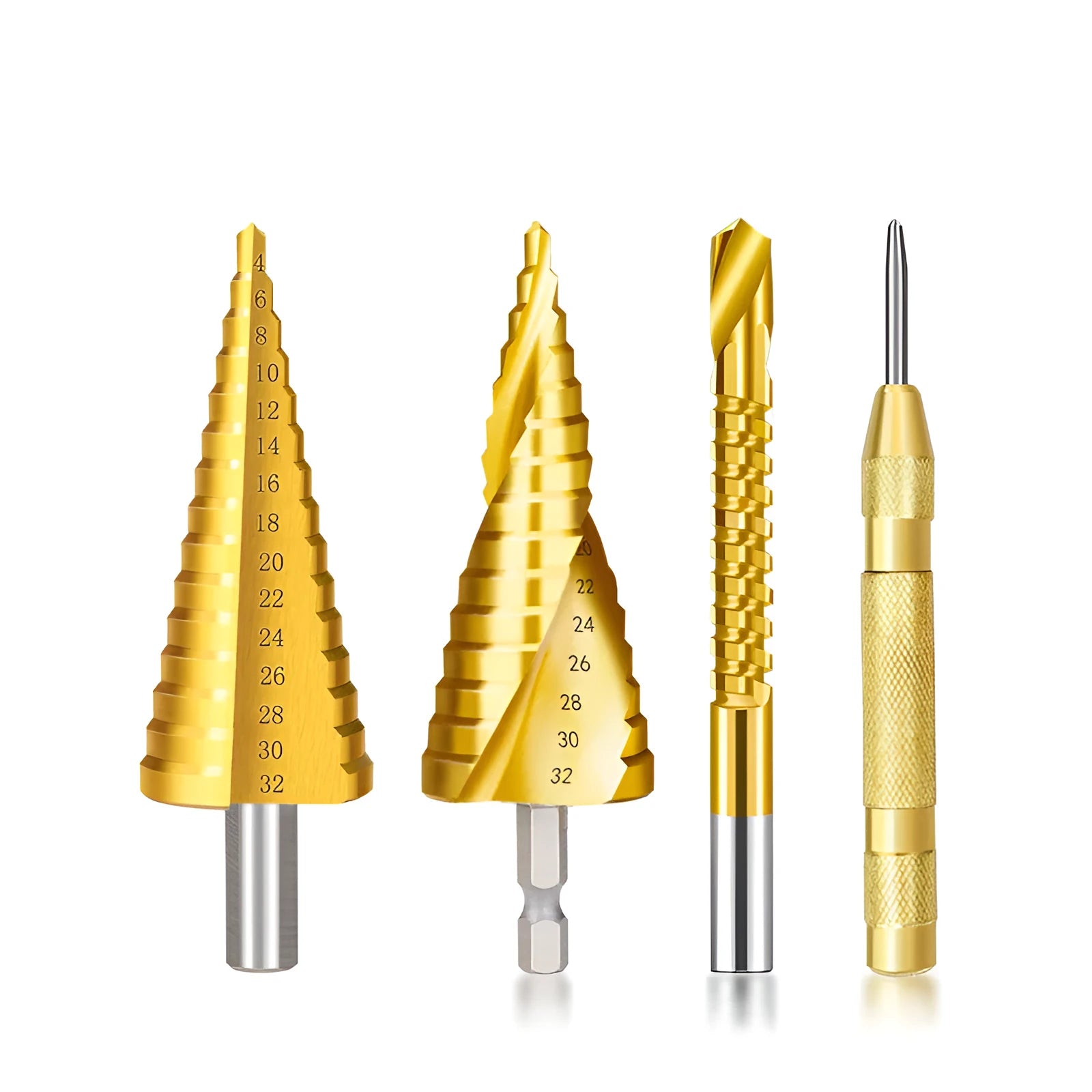 High speed steel cone drill bit punch set with centre punches including multiple step drill sizes
