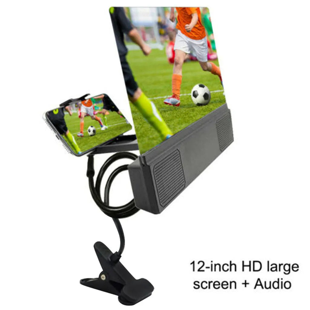12-inch mobile phone screen amplifier with flexible stand and built-in speaker on a table