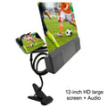12-inch mobile phone screen amplifier with flexible stand and built-in speaker on a table