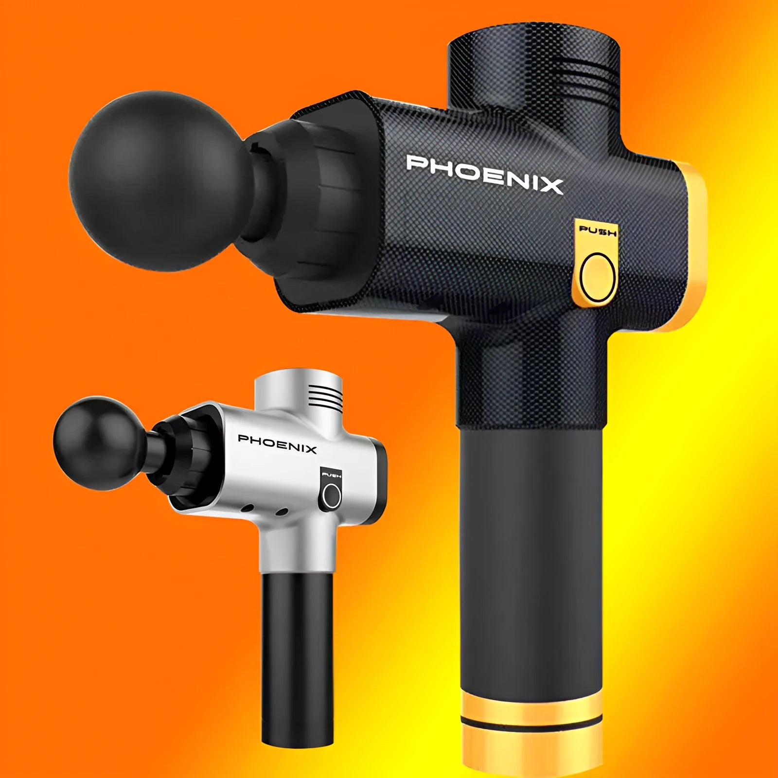 Black and silver deep tissue massage gun with four interchangeable heads on a grey background