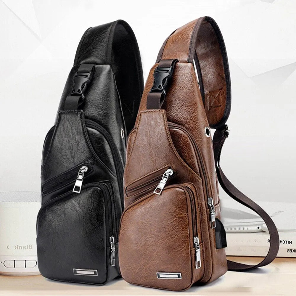 Waterproof one-shoulder messenger bag in black PU fabric, 17x35x6cm, with main and secondary pockets