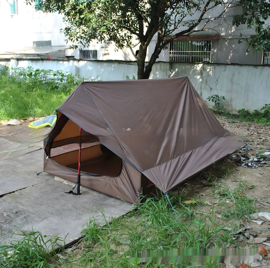 Brown or white A-line pole-free cabin tent for 2-3 people with hiking cane support