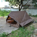 Brown or white A-line pole-free cabin tent for 2-3 people with hiking cane support