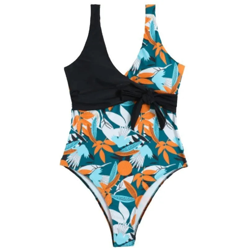 Women's high-waist one-piece bikini swimsuit with printed pattern design