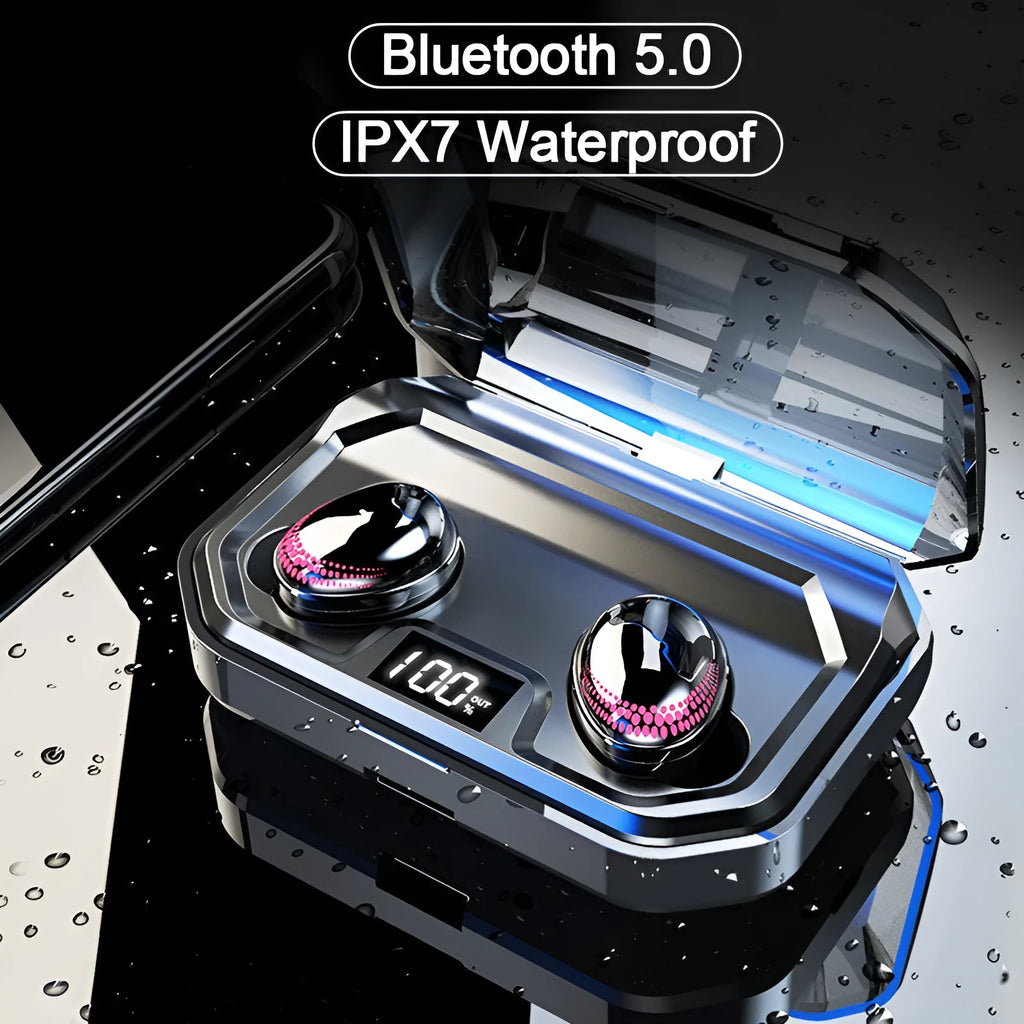 Black X10 wireless Bluetooth headset with its compact rectangular charging case.