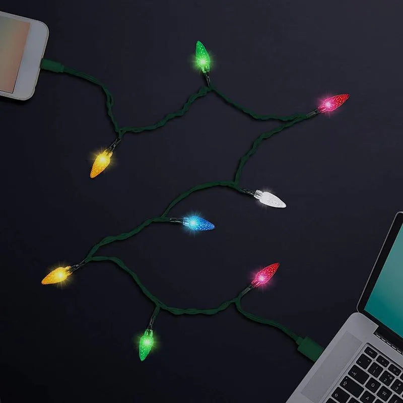 Green USB charging cable with 10 integrated LED Christmas lights flashing, compatible with iOS and Android devices