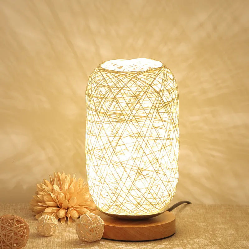Brown twine Sepak Takraw patterned desk lamp with hemp rope weaving and wooden base