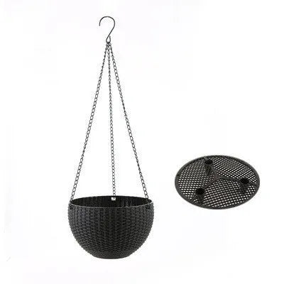 Plastic hanging basket with chain and inner pot in one of seven colours.