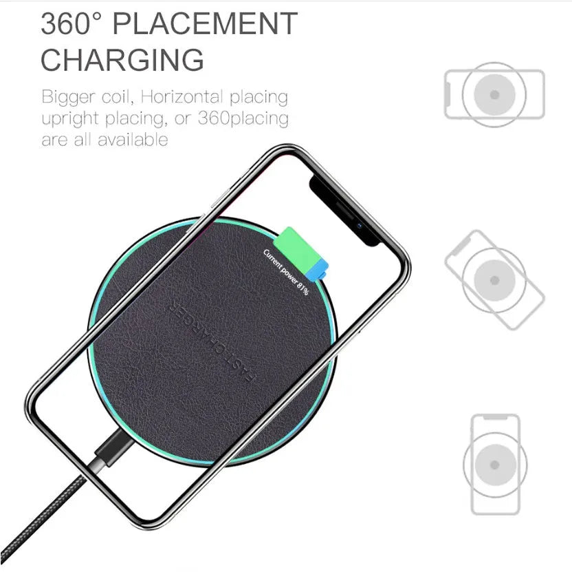 Black Quick Qi wireless charging pad for iPhone 11 and Android phones with LED indicator