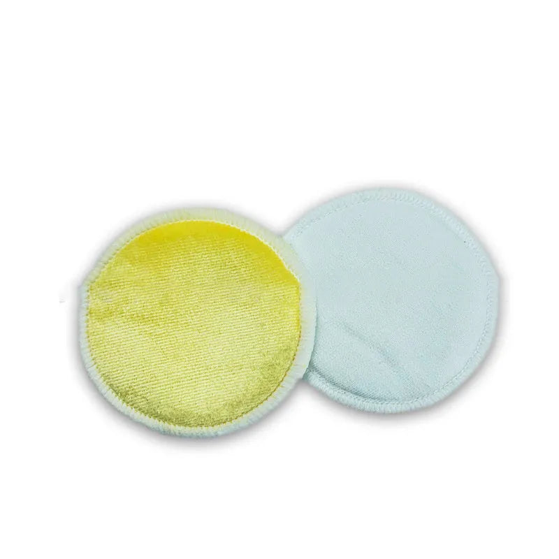 Velvet makeup remover pad set with red and blue pads in cotton mesh storage bag