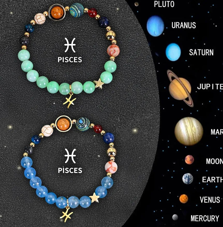 Two natural stone beaded bracelets showing zodiac symbols for all twelve astrology signs