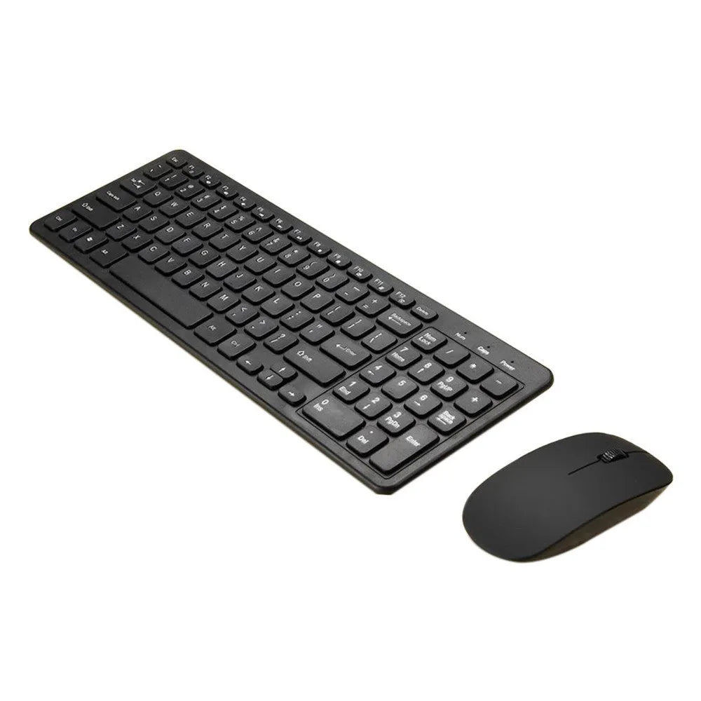 Black wireless keyboard and mouse set with 96 keys and a small USB receiver on a desk.
