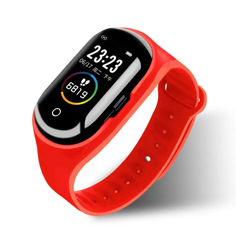 Smart bracelet with integrated earphones on silicone wristband showing 1-inch screen, in black colour