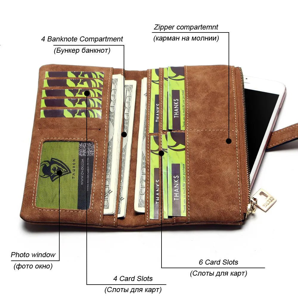 Korean retro matte leather women's long wallet open to show internal organisation compartments