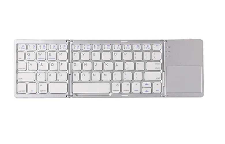 Ultra-thin tri-fold folding touch Bluetooth keyboard shown folded and unfolded with touchpad