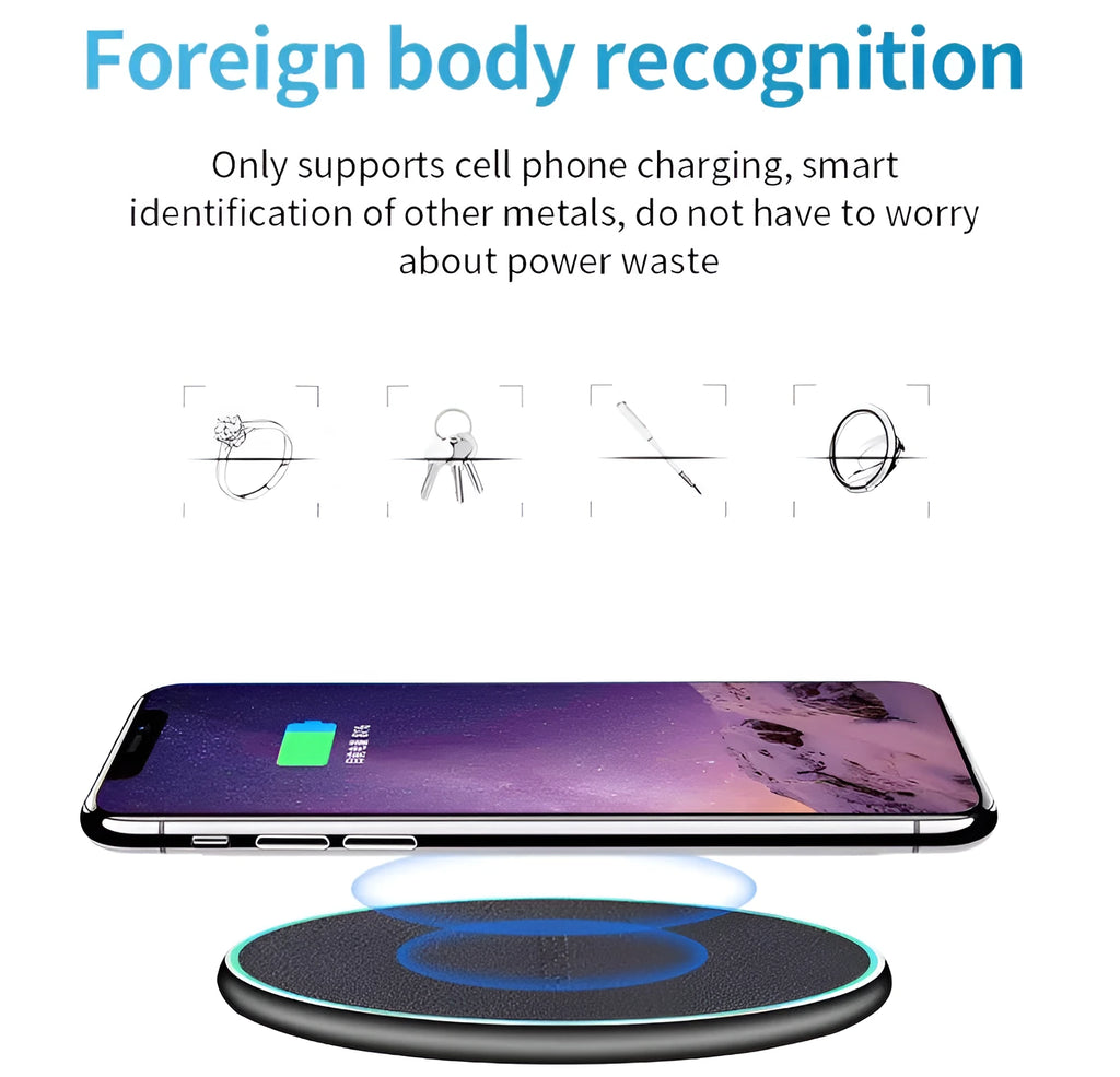 Black Quick Qi wireless charging pad for iPhone 11 and Android phones with LED indicator