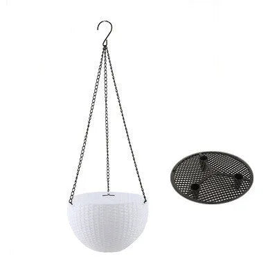 Plastic hanging basket with chain and inner pot in one of seven colours.