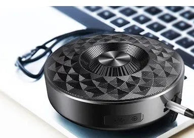 Compact Bluetooth mini speaker in black, orange, or silvery white with wireless stereo pairing and aux input