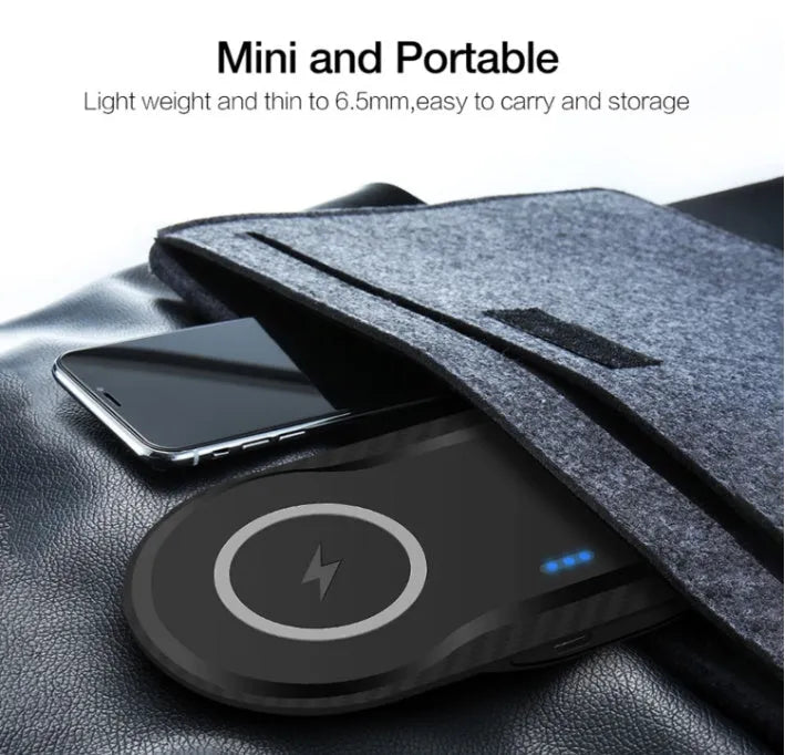 Black and white dual wireless charging pad showing two phones charging simultaneously