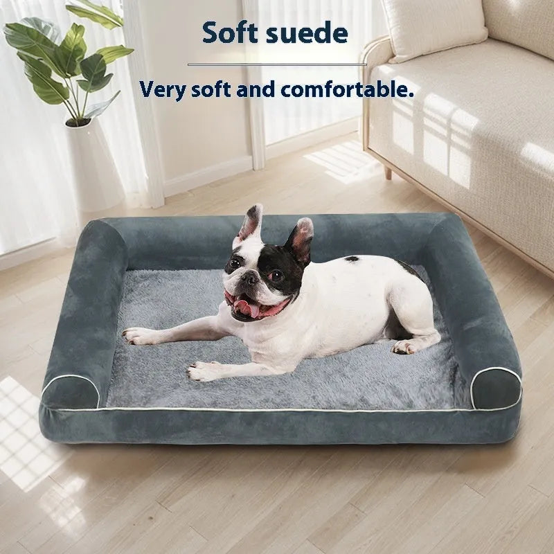 Square sponge dog bed with cloth cover in blue colour showing dimensions