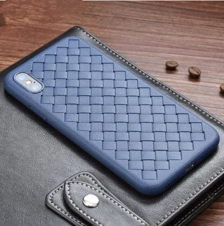 Luxury grid weaving pattern iPhone case in colour options, showing raised screen edges and precise button cutouts.