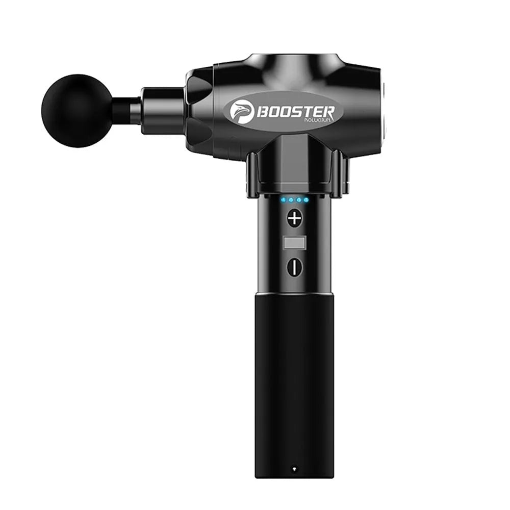 Black and white handheld percussion massage gun with 12mm stroke depth.