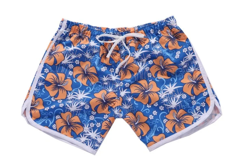 Men's loose fit quick-dry beach shorts in polyester-cotton, Blue flower colour option