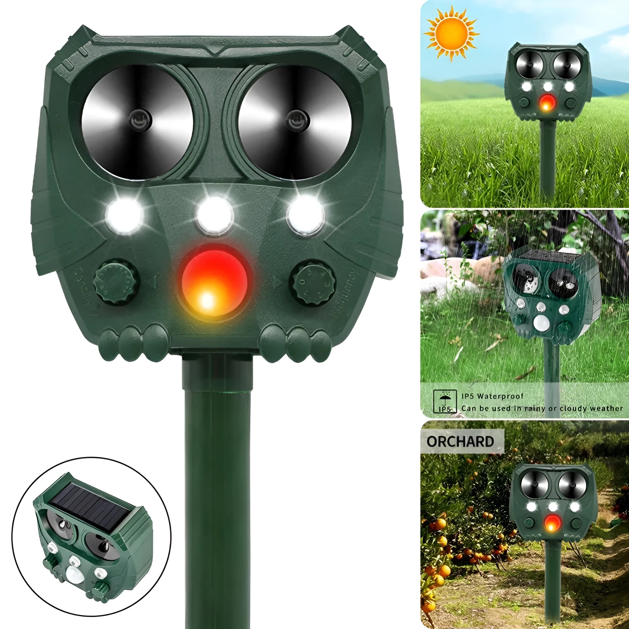 Green solar-powered ultrasonic animal repeller with motion sensor for outdoor pest control