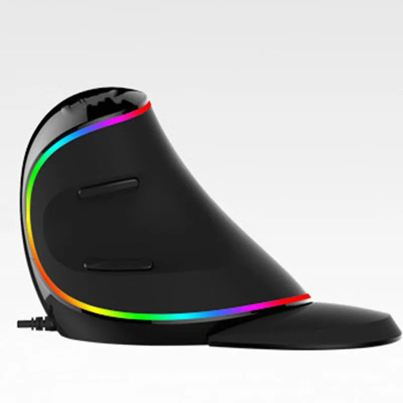 Vertical ergonomic snail RGB wired computer mouse showing distinctive upright shape and lighting effects