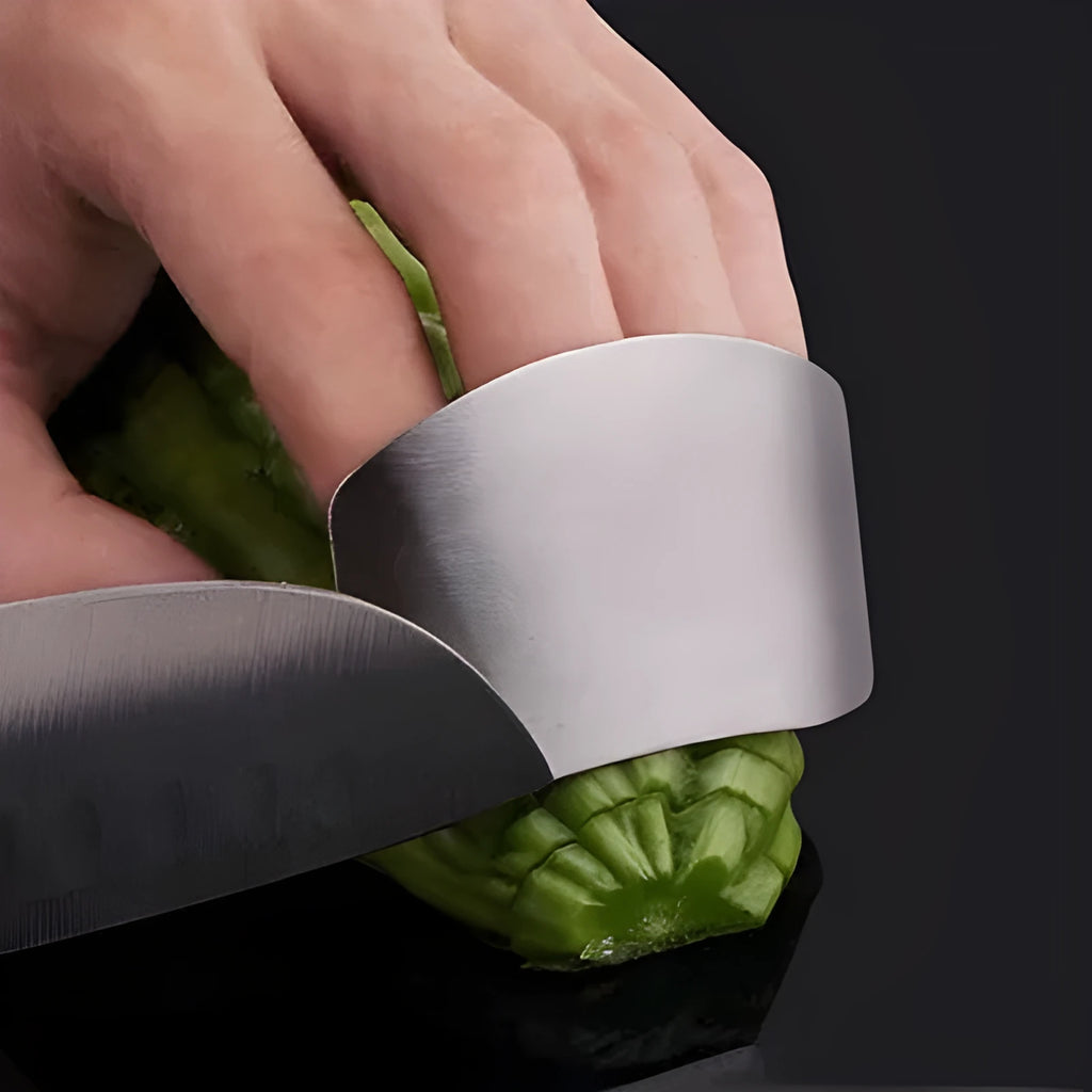 Stainless steel finger guard for kitchen safety shown in single and double finger sizes.