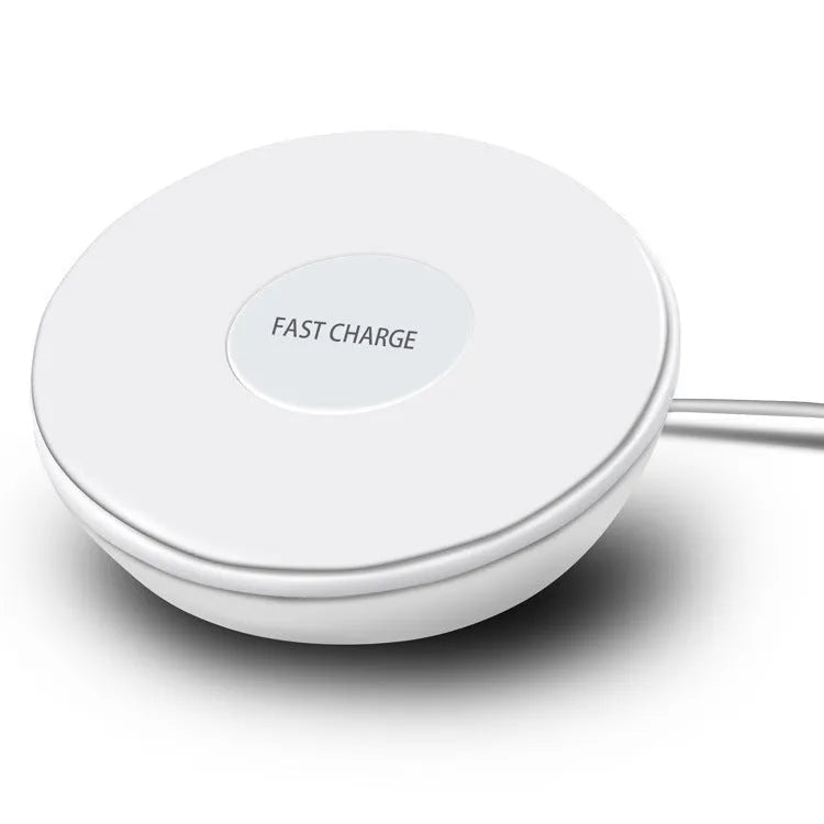 White wireless phone charger with LED clock display showing time, 115mm wide with three control buttons