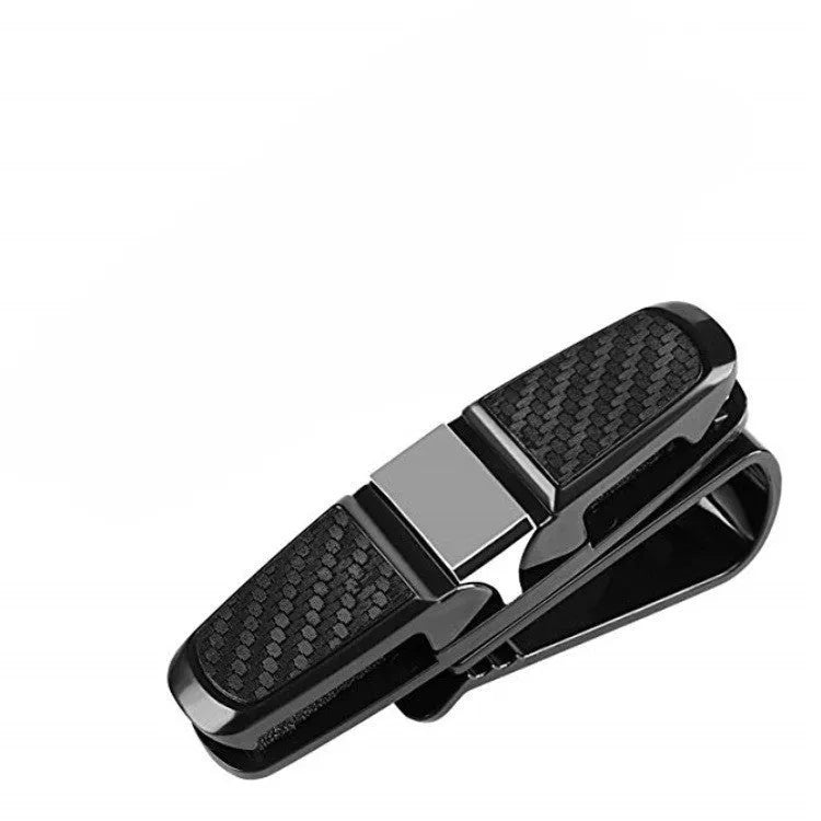 Car sun visor sunglasses clip with double clip carbon fibre finish and 180 degree rotation in silver