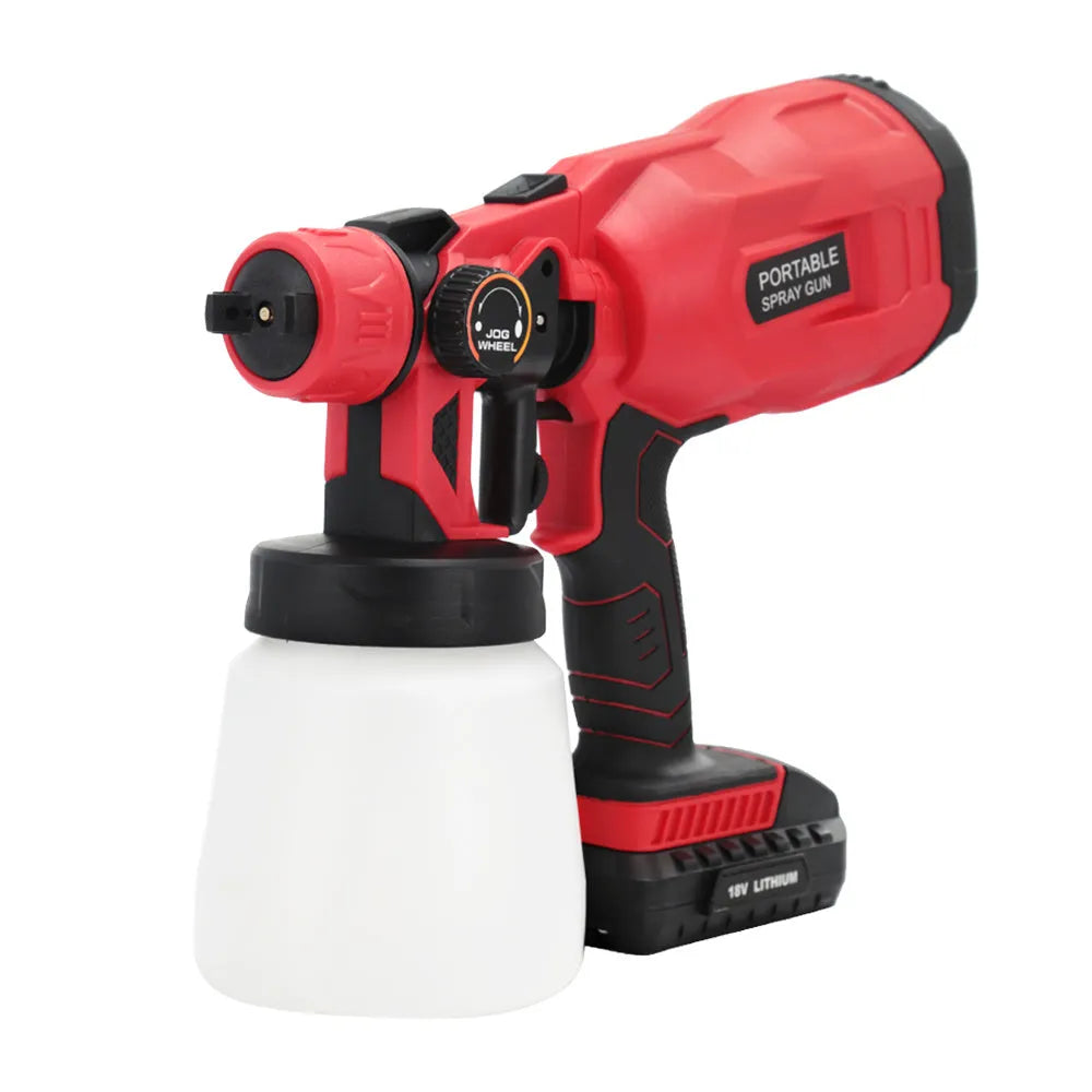 Blue cordless paint spray gun with detachable paint container and brushless motor.