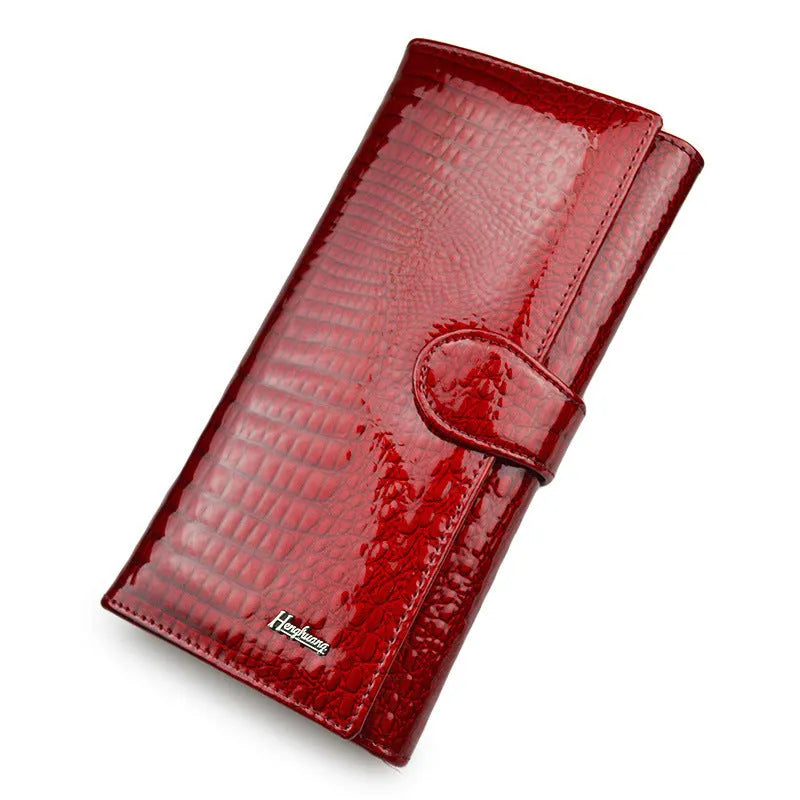 Women's patent leather coin purse with crocodile pattern in red, black, or wine red colours