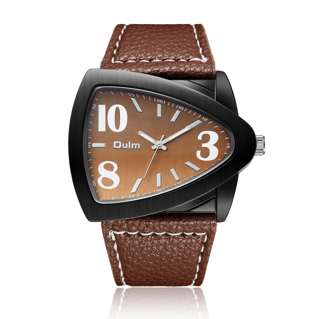 Men's casual triangle belt quartz watch with slim 9mm profile in brown, black, blue colour options