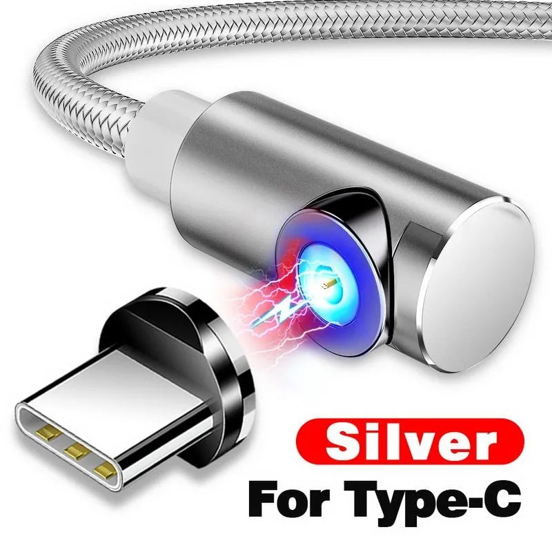 Black L-shaped magnetic charging cable with aluminium alloy housing and LED light, next to Micro USB, Type-C, and Lightning magnetic plugs.
