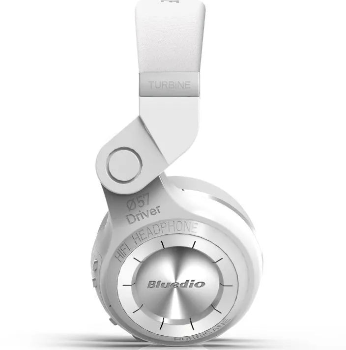 Blue String T2 black and white foldable over-ear Bluetooth headphones with a detachable cable.