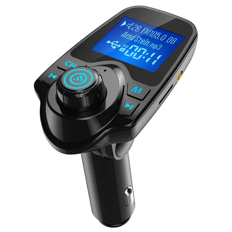 Black car Bluetooth hands-free FM transmitter with USB port and TF card slot.