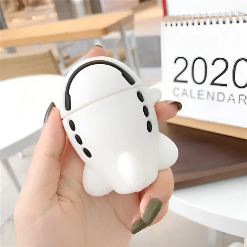 Blue silicone flip case for AirPods 1 and 2 with cartoon aeroplane headset design and attached lanyard hook.