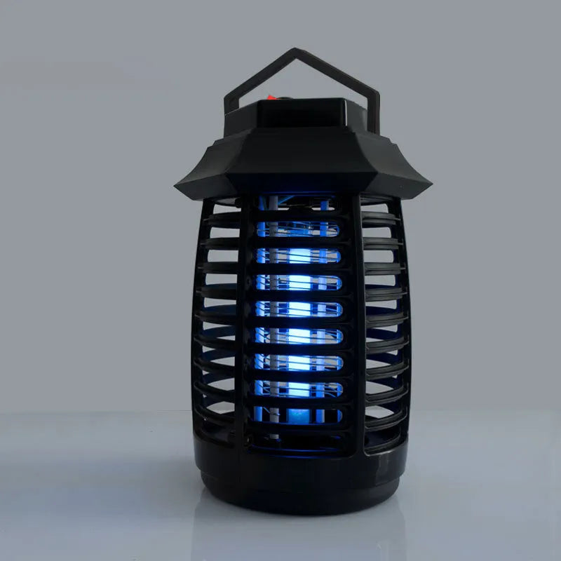 Black mosquito killer lamp with UV tube and metal grid for indoor insect control.