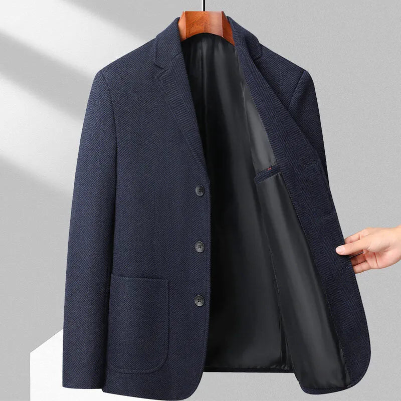 Men's loose fit solid colour wool blend coat for spring and autumn in black, khaki, gray, or dark blue.