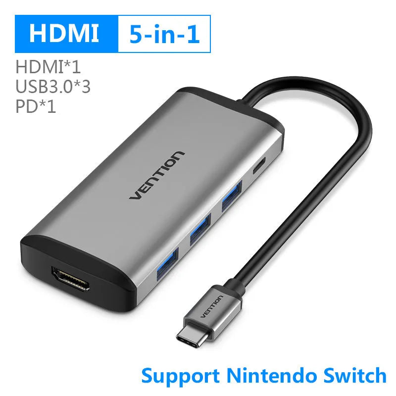 Deep grey USB-C hub converter with HDMI, USB 3.0, Ethernet, and memory card ports showing aluminium alloy construction
